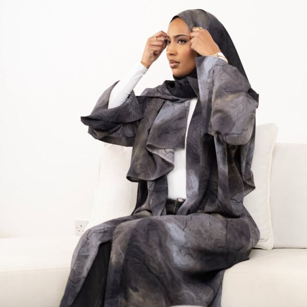 Loriya Open Abaya Ombre Marble Tie-Dye Printed 2 Piece Set Premium Women Islamic Clothing Ramadan Abaya Hijab