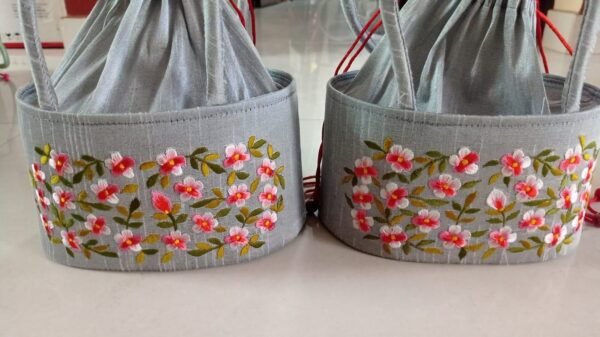Elegant Handcrafted Grey Silk Potli Bag with Intricate Floral Hand Embroidery – Traditional Indian Festive Batwa for Weddings