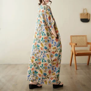 V-Neck Cotton Linen Dress Kaftan Batik – Large Loose Art Style