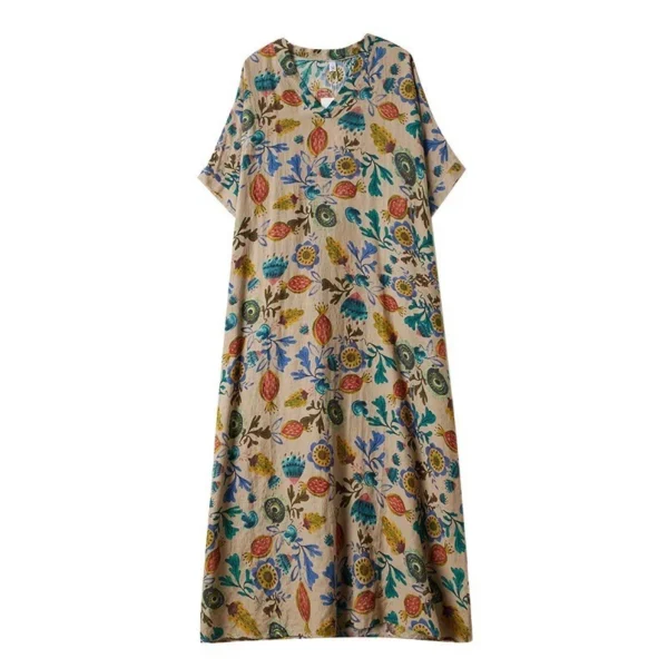 V-Neck Cotton Linen Dress Kaftan Batik – Large Loose Art Style
