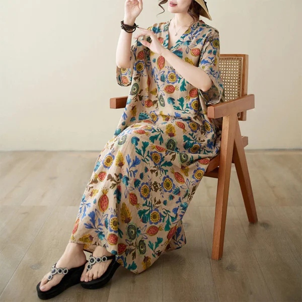 V-Neck Cotton Linen Dress Kaftan Batik – Large Loose Art Style