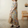 V-Neck Cotton Linen Dress Kaftan Batik – Large Loose Art Style