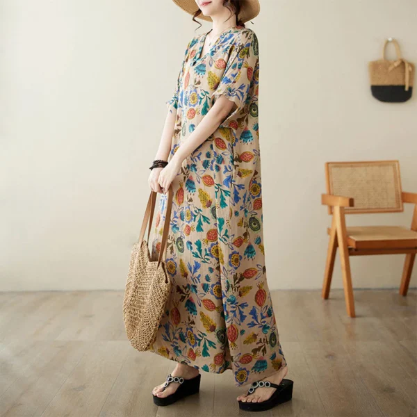 V-Neck Cotton Linen Dress Kaftan Batik – Large Loose Art Style